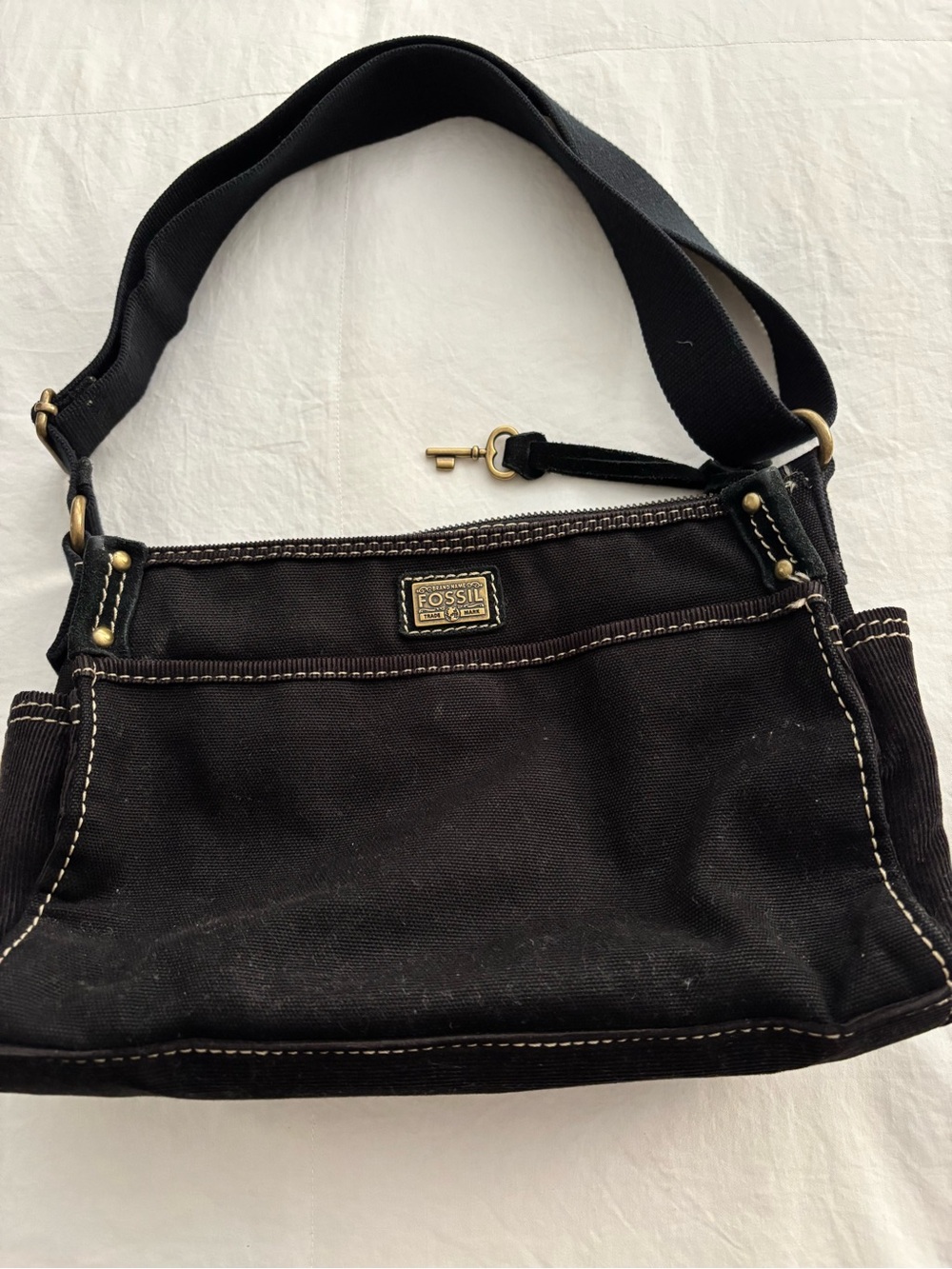 Fossil Black Corduroy Shoulder Bag with Brass Accents
